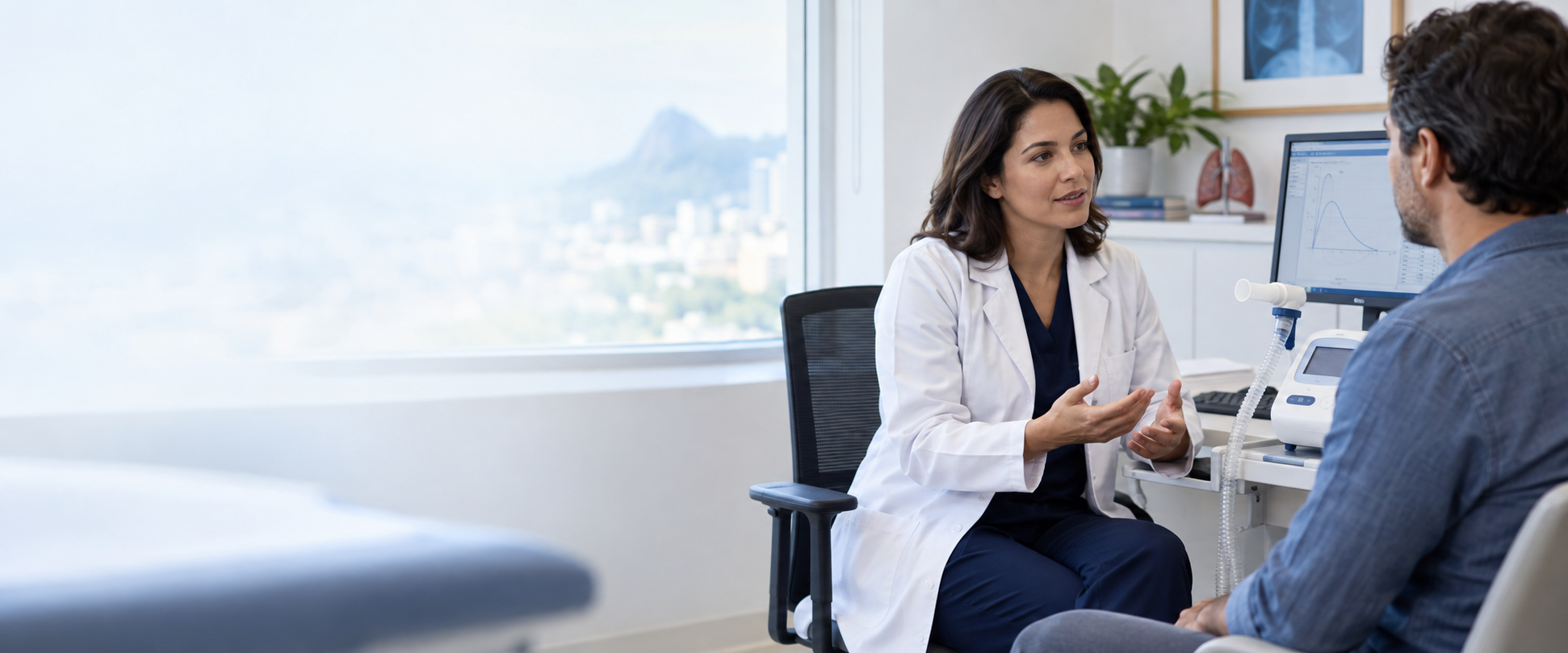Médica conversando com paciente ao lado de equipamento de espirometria
